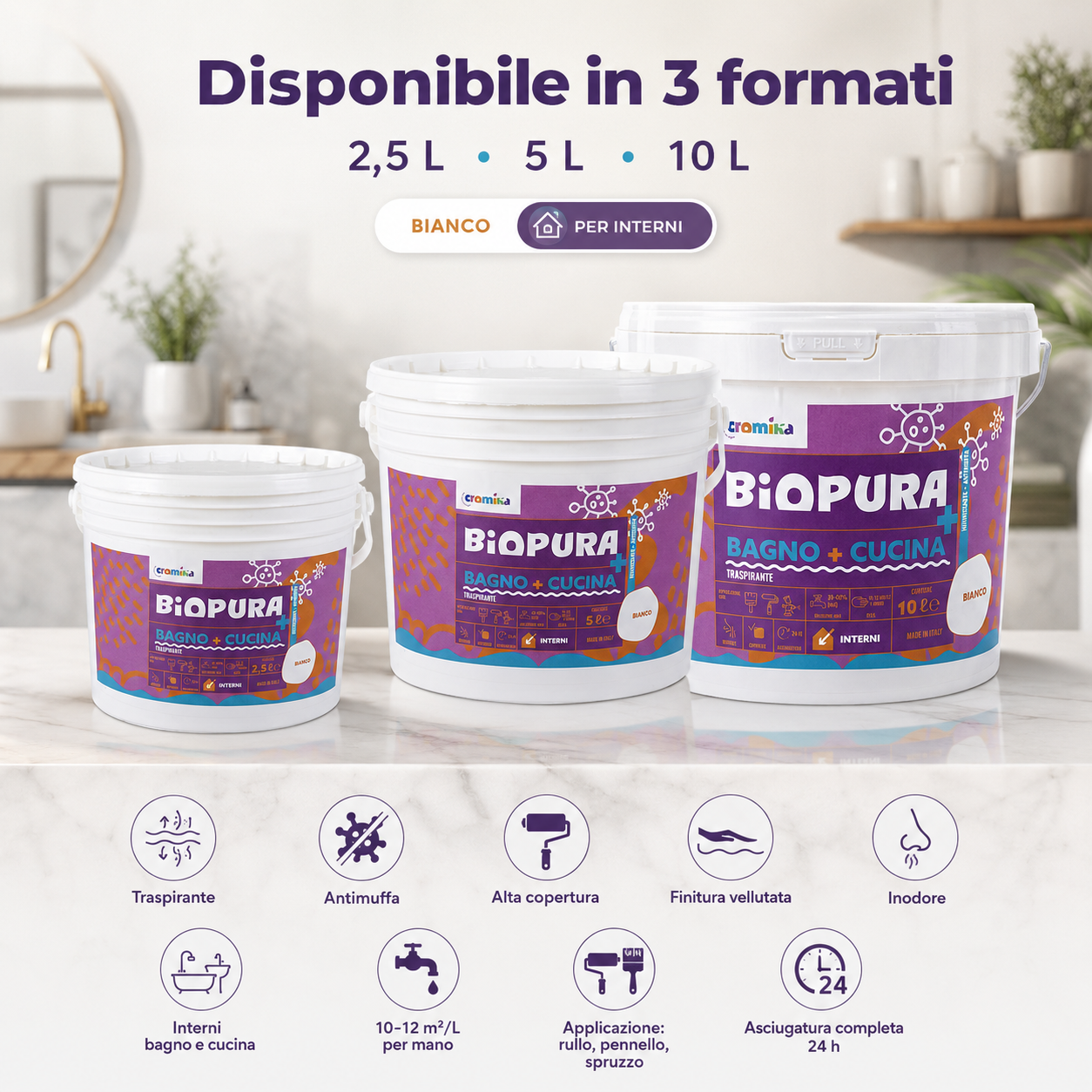 Biopura Bagno + Cucina Cromika, idropittura bianca antimuffa traspirante per interni, disponibile nei formati 2,5 L, 5 L e 10 L, ideale per bagno e cucina con alta copertura e finitura vellutata.